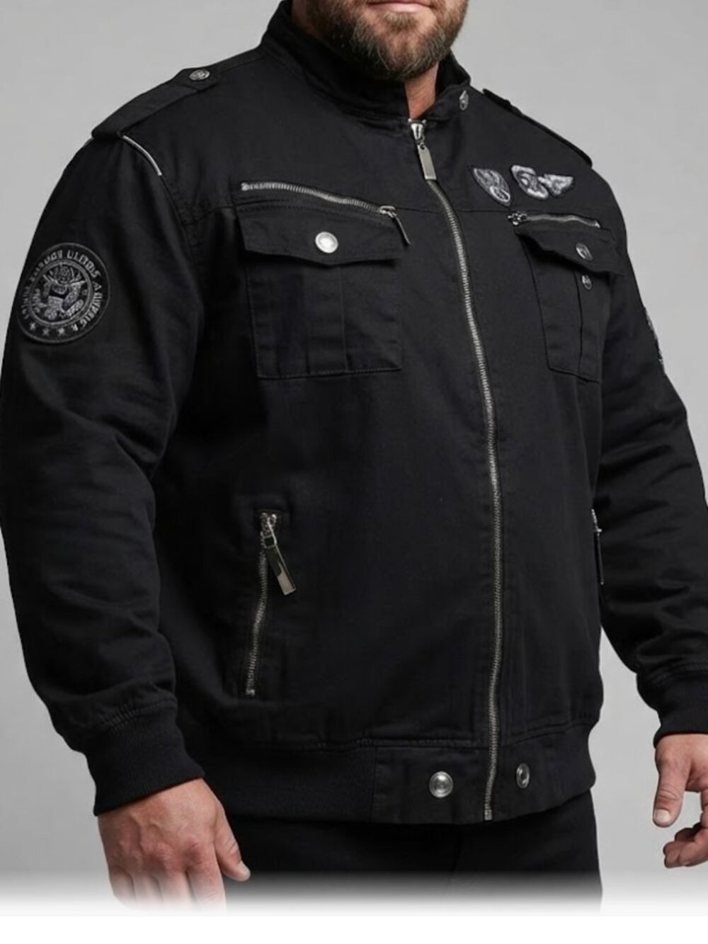 Basic Code Jacket Military Bomber Coat Cotton Full Zip Patches Black Mens Large